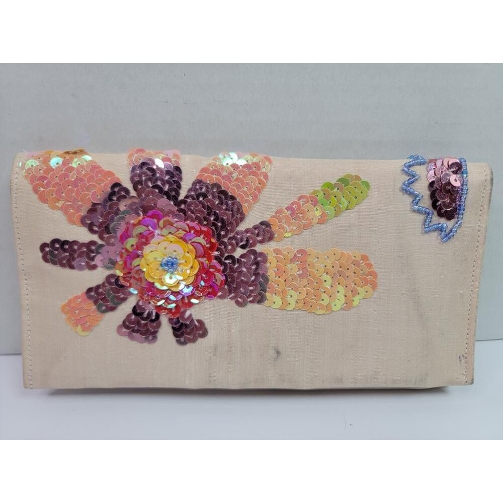 Unbranded Beaded Sequin Flower Clutch Bag Beige Silk Blend Evening Purse